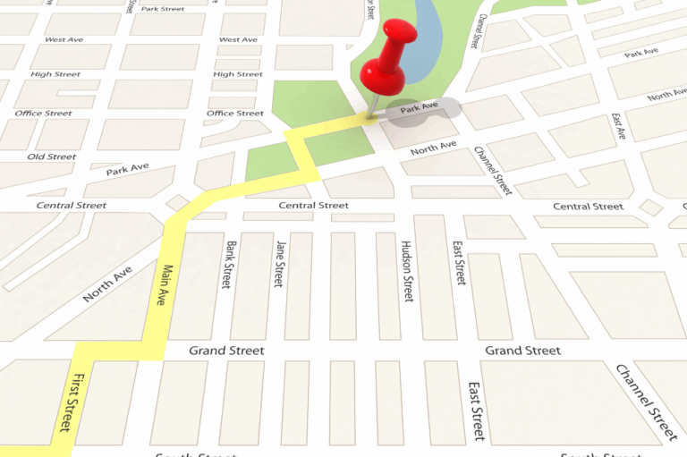 A map displaying a red pin marking a street, relevant for long distance moving companies.