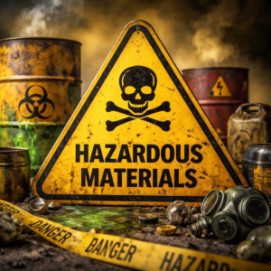 Hazardous materials warning sign with chemical barrels representing items moving companies cannot transport