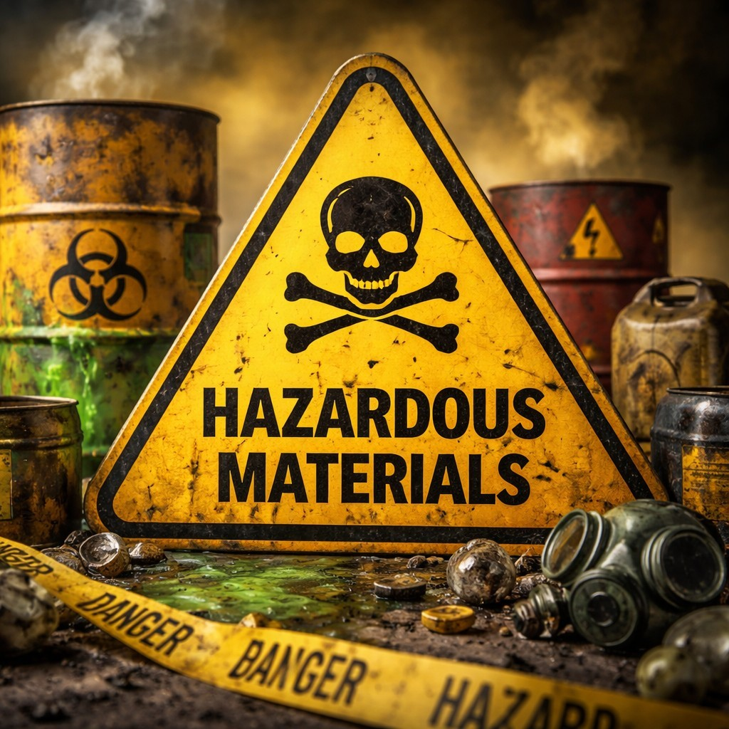 Hazardous materials warning sign with chemical barrels representing items moving companies cannot transport